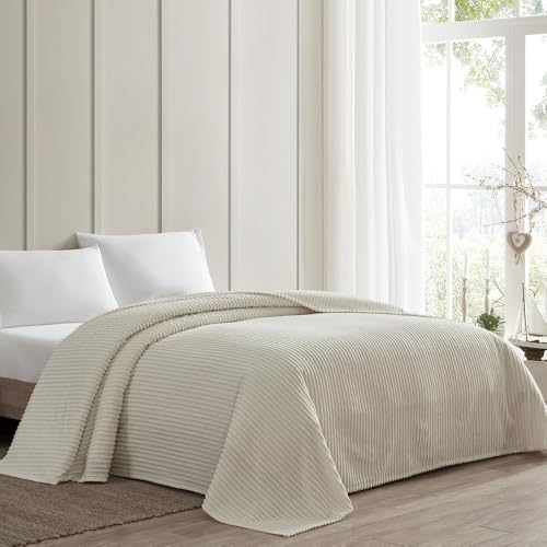 1 Piece Lightweight 100% Cotton Tufted Chenille Bedspread King Size Textured Channel Stripe Design | All Seasons Ivory Cream Color Shabby Chic Bedding Western Aesthetic Look Soft Plush Cozy