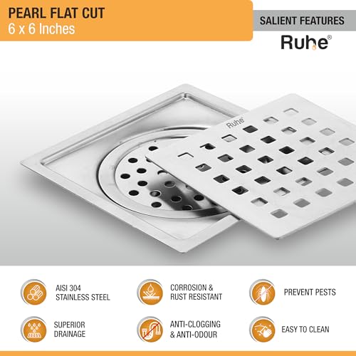 Image of Ruhe Pearl Square Flat Cut Floor Drain, 6 x 6 Inches | 304-Grade Floor Drainer with Cockroach Trap Floor Drainer for Bathroom, Balcony
