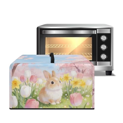 Image of Dustproof Microwave Oven Cover Dust Protection Protective Toaster Oven Cover Protector for Easter Decor, S, 18.25 x 14.5 x 11 Inches, Cartoon Rabbit Tulip Flower Pink