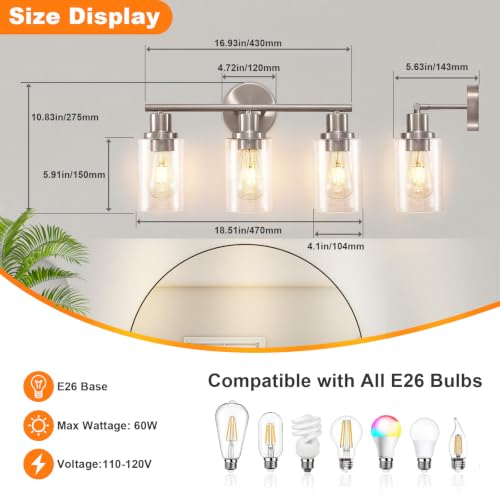 Image of DLLT 3-Light Bathroom Light Fixtures: Nickel Modern Vanity Lights with Clear Glass Shade - Bathroom Wall Lamp for Mirror Kitchen Living Room Hallway Cabinet Porch