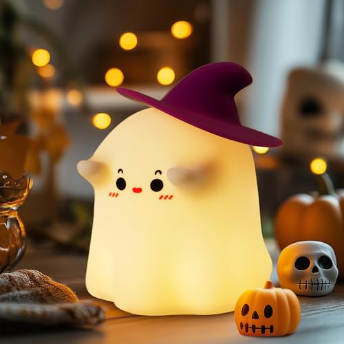 Luditek Cute Ghost with Witch Hat Halloween Lights, Silicone Dimmable Desk Decor for Home Office Table, Halloween Gifts for Kids, Girls, Women
