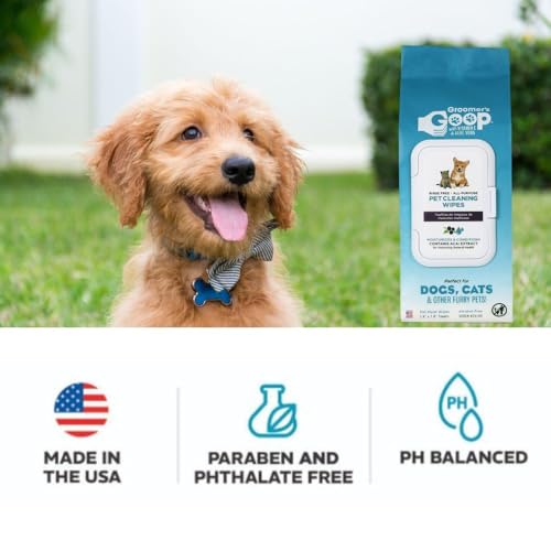Image of Groomer's Goop Pet Cleaning Wipes - Gentle, Alcohol-Free Formula with Acai Extract for Dogs & Cats, Safely Cleans & Deodorizes Fur, Supports Skin Health, Great for Puppies & Kittens - 100 Count Pack