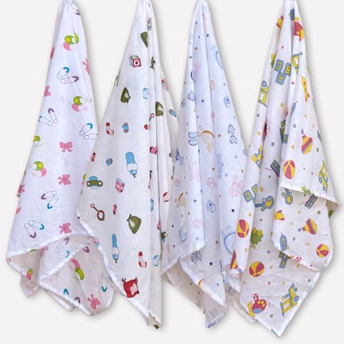 Image of Trance Home Linen Super Ultra Soft 100% Cotton New Born Baby Swaddle Wrap|New Born Babies Soft Pure Cotton Sheets|Baby Wrap Set (100x100 cm, Nursery Print, Pack of 4)|TC - 200; multicolor