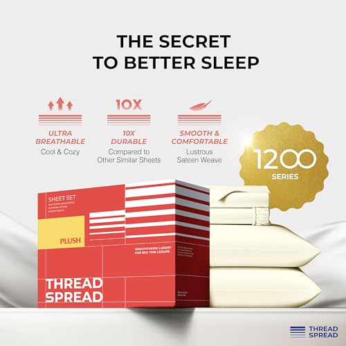 Image of THREAD SPREAD 100% Egyptian Cotton Queen Sheets Set - 1200 Series Plush Collection Luxury Egyptian Cotton Sheets Queen Size Deep Pocket (4 PC, Ivory), Soft, Cooling, Sateen Weave Sheet Set