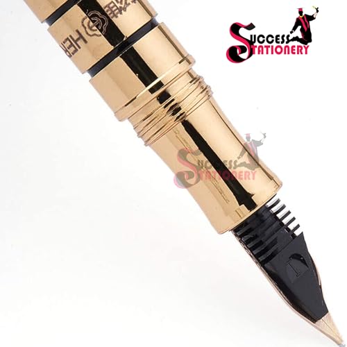 Image of Success Stationery Hero Pen Original Fountain Pen for Men Extra Fine 10K Gold Plated Nib Ink Pen Golden Colour Cap and Body Gold Trim Luxury Pen 703 Gift Set with Box