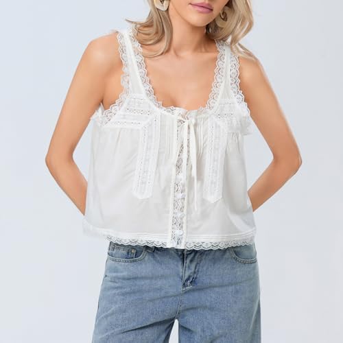 Women Lace Trim Vest Tank Tops Semi Sheer Tie Button Front Crop Y2K Going Out Tops Cute Summer Cami Shirt4