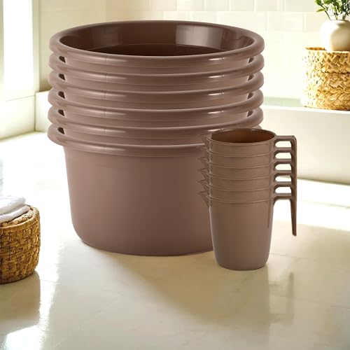 Image of Kuber Industries Set of 12 Bathroom Combo Set | Bathing Set | Bathware Set | 6 Piece Tub & 6 Piece Mug Combo Set for Bathroom | Modern Bathroom Accessories Set | Brown