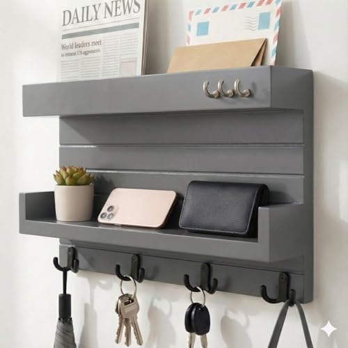 Image of Key Holder for Wall Decorative, Wooden Key Rack Mail Sorter Organizer, Double Shelf Key Hanger Mail Key Organizer, Rustic Home Decor for Entryway Hallway (Grey)