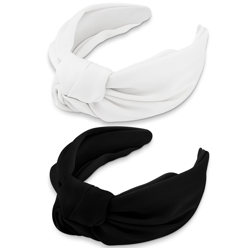 Headbands for Women, 2 Pcs Top Knot Headbands, Wide Headbands Non Slip Satin Silk Hair Bands, Black Headband, White Headband, Fashion Hair Accessories Gifts