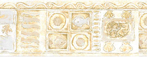 Dundee Deco BD6096 Frise de Papier Peint, Frise Murale, Bordure de papier peint précollé Jaune abstrait Assiettes de fruits de mer Vert Design rétro 4,57 m...