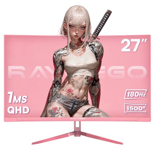 Image of Raywego 27 Inch Pink Curved Gaming Monitor, QHD 1440P 180Hz, 1500R | 1ms MPRT, 3000:1 contrast, HDR, FreeSync, eye care, HDMI /DP, VESA 75x75, 3-side borderless design.