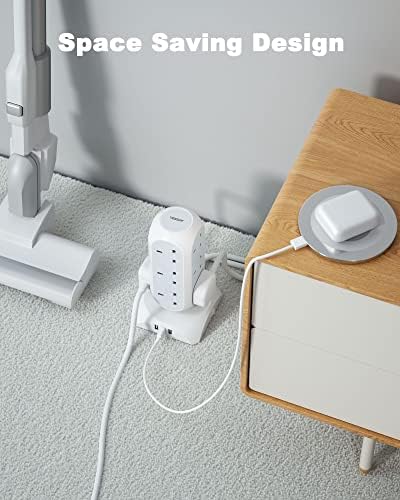 Tower Extension Lead with USB, TESSAN 12 Way Multi Plug Socket 3 USB Ports with 2M Cable, Vertical Extension Cords with Widely Spaced Outlets for Home Office Kitchen, Grey