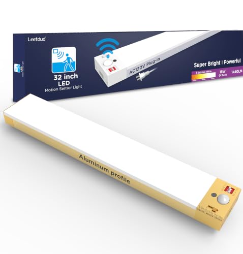 Image of Leetdud Under Cabinet Lighting Plug in 32 Inch, 120V Motion Sensor Lights Indoor, 3CCT 3000 /4000 /5000K, Aluminum Linkable Super Bright LED Counter Light with Timer for Kitchen, Closet, Golden, 1 Pack