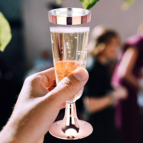 BUCALA 100 Pack Plastic Champagne Flutes - 5OZ Plastic Champagne Glasses With Rose Gold Rim - Premium Quality Disposable Cups - Ideal for Mother's Day/Parties/Weddings