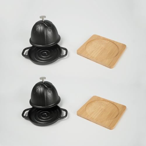 Image of HAWOK Cast Iron Garlic Roaster with Bamboo Tray, Dia. 3.94 inch, BBQ Grill Garlic Baker, Mini Cocotte, Set of 2, Pre-Seasoned