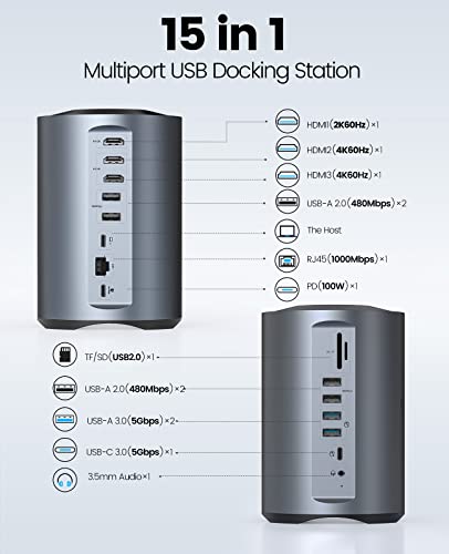 ORICO USB-C Triple Monitor Docking Station with 3 HDMI Ports, 15-in-1 USB C Laptop Dock for MacBook Pro M1/M2/Windows, 7 USB Ports, Ethernet,100W PD, SD/TF Card Reader, 3.5mm Audio (Grey) — view 2