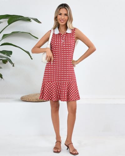 Image of YEXPINE Women's Sleeveless Polo Dress Ruffle Hem Lapel V Neck T-Shirt Summer Mini Dresses