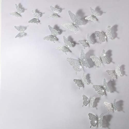 48 Pieces DIY Glitter Butterfly Combination 3D Butterfly Wall Stickers Decals Home Decoration (Glitter Silver)