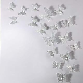 48 Pieces DIY Glitter Butterfly Combination 3D Butterfly Wall Stickers Decals Home Decoration (Glitter Silver)