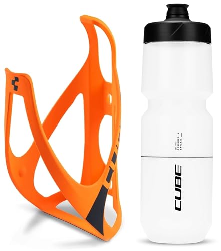 Cube HPP Cage - Matt Orange/Black & Flow Bottle - Clear, 750ml / Water Drink Flask Vessel Bidon Holder Mount Bracket Kit Lightweight Plastic Drinking Hydration Biking Bike Riding Frame Accessories