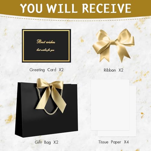 Image of JMANNI Gift Bags with Handles, 13 inch Medium Gift Bag for Presents, 2 Pcs Bags with 4 Tissue Paper and 2 Cards for Baby Shower Wedding Bridal Shower Mother's Day Birthday Party (Black)
