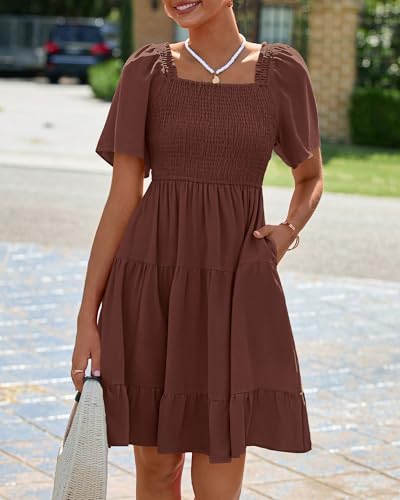 Image of BTFBM Womens Summer Smocked Mini Dress Spring Square Neck Flutter Sleeve Casual Ruffle Swing Boho Beach Dresses Pockets
