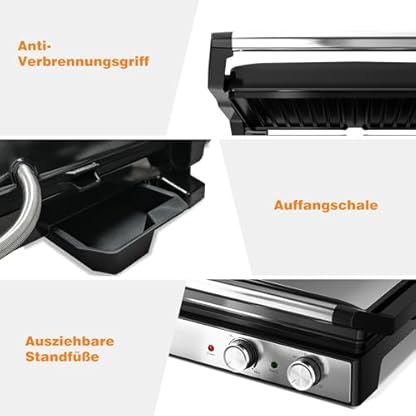 KEINVE Kontaktgrill, Elektrogrill, Sandwichtoaster, Fettarmes Grillen, Panini, Toasts, Steak, Gemüse, Antihaftbeschichtete Grillplatten, 2000W, 35x13x32, Edelstahl/Schwarz – Bild 8