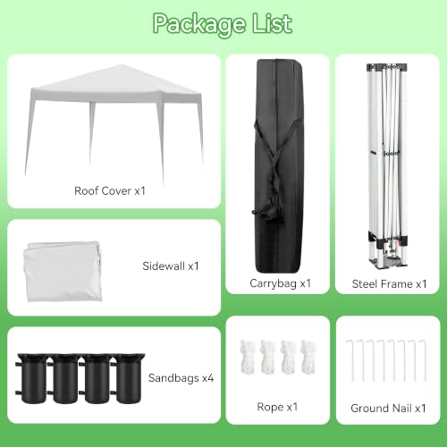 Image of 10x10 White Instant Canopy Tent 1 Sidewall Height Adjustable Portable Gazebo One-Touch Setup with Wheeled Bag for Summer Weddings, Backyard BBQ, Beach Camping, Poolside Parties