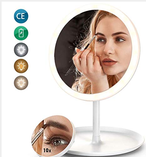 LOFTer Miroir Lumineux Maquillage, USB Rechargeable 42LEDs Miroir de Table et Miroir de Poche Grossissant 10X, Mirror Cosmétique Eclairée Rotation 90° Amovible, 3 Modes Effets - Blanc
