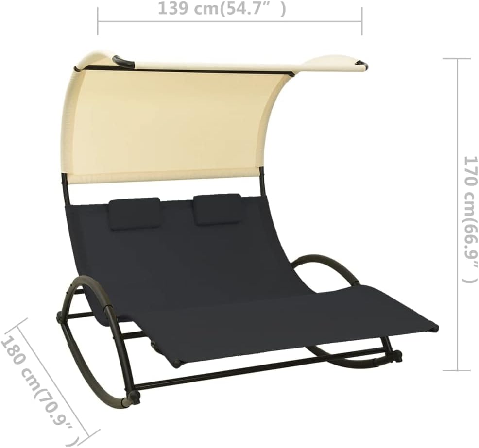 Double Sun Lounger with Canopy,Garden Sunlounger,Lounger Chair Outdoor,Sunbathing Recliner,Outdoor Bed,Sun Lounge Bed,with Two Pillows,for Beach,Patio,Backyard, Textilene Black and Cream