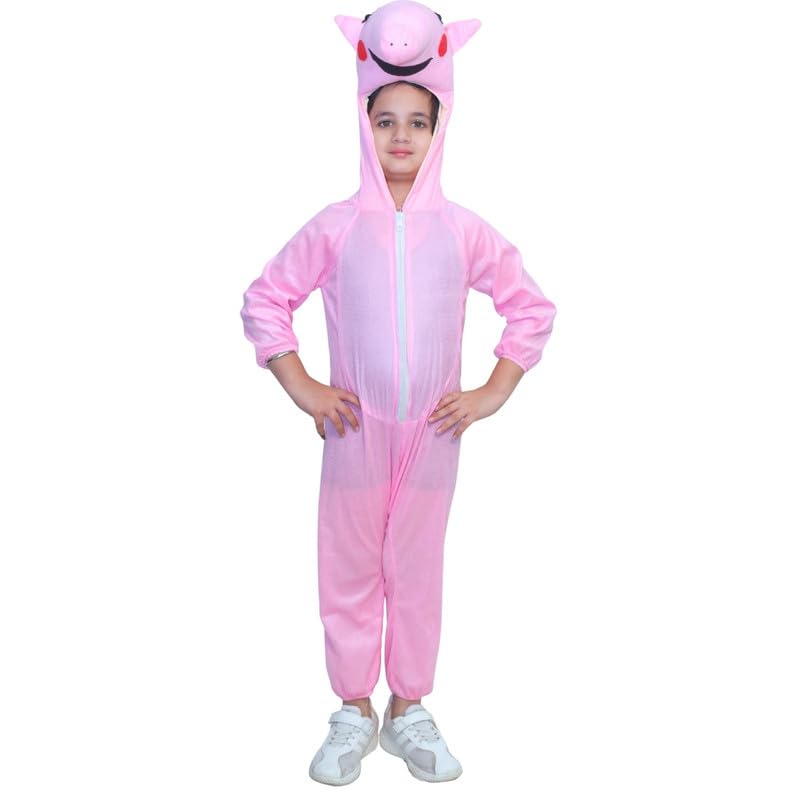Image of Kaku Fancy Dresses Cartoon Character Pig Fancy Dress Costume for Kids | Animal Jumpsuit with Hood |Pink Theme Outfit for School Functions, Birthday Parties & Stage Performances -3 To 4 Y