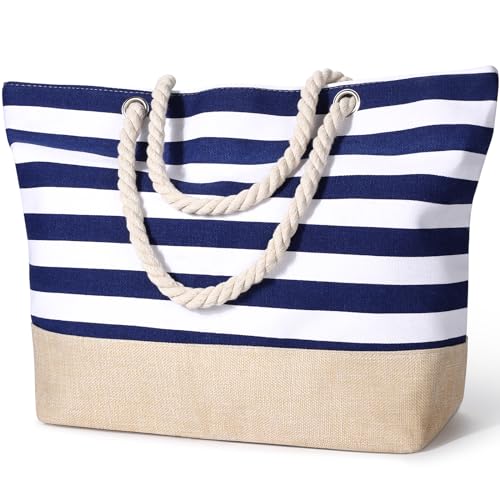 Januts Bolsa de Playa Mujer Grande con Cremallera Bolsos Tote Bag de Playa Impermeable Bolso de Mano Bolso Playa Shopper Bolsa de Hombro para Playa Viajes Compras Escuela Trabajo, Azul Marino