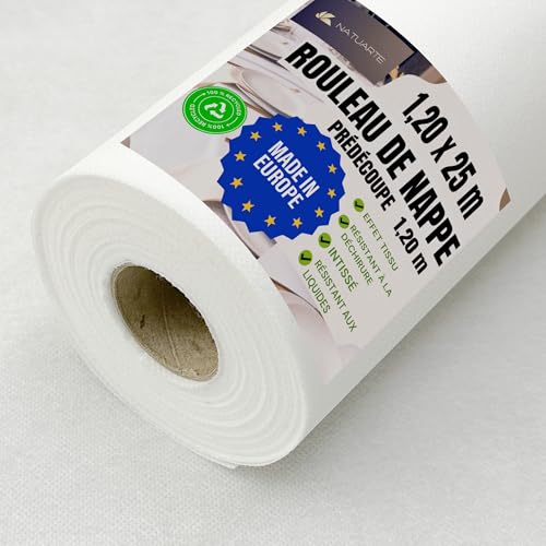 NATUARTE, Rouleau de Nappe, 1.20 m x 25 m, Nappe Intissè, PRÉDÉCOUPE Tous Les 1,20m, Jetable, Effet Tissu, Célébrations Anniversaires, Couleur Blanc...