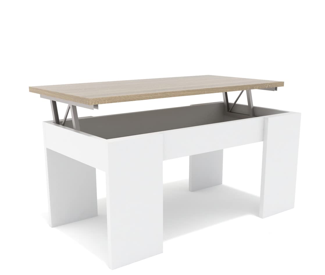 DORMIDAN- Mesa de Centro elevable, Comedor o Auxiliar, Mayor Grosor y Estabilidad (Blanco Tapa Roble)