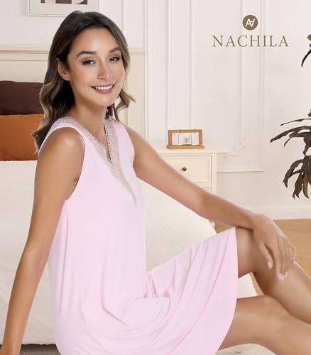 Image of NACHILA Women's Nightgowns-Viscose Made from Bamboo,Sleeveless Tank Night Gown Crew Neck Sleep Dress Cool Sleepshirts