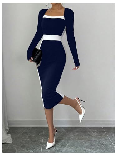 Image of SOLY HUX Women's Midi Dress Color Block Square Neck Long Sleeve Bodycon Dresses