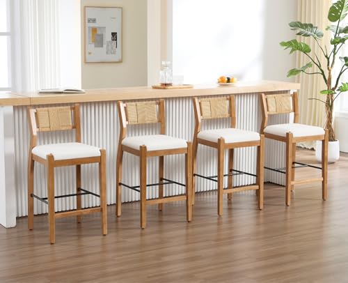 CIMOTA Rattan Counter Height Bar Stools Set of 2, 26\" Farmhouse Barstools with Woven Backs, Boho Oak Wood Bar Stool Chairs Linen Upholstered Counter Stools for Kitchen Island/Counter - Thumbnail 7