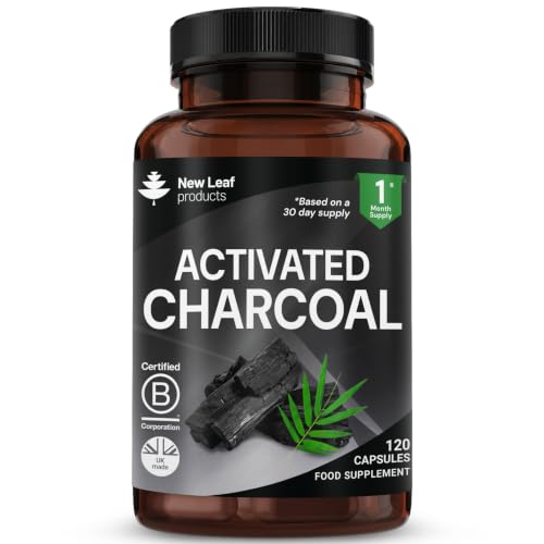 Activated Charcoal Capsules - 120 High Strength Activated Charcoal Tablets Alternative - 1040mg Per Serving Helps Reduce Excessive Flatulence After Eating - Made in UK By New Leaf