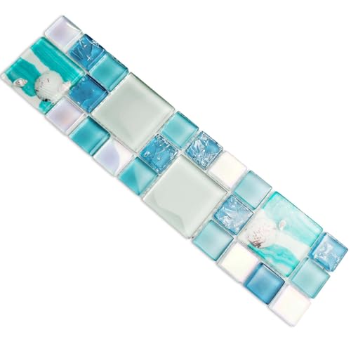 Ocean blue mosaic backsplash tile with shell accents