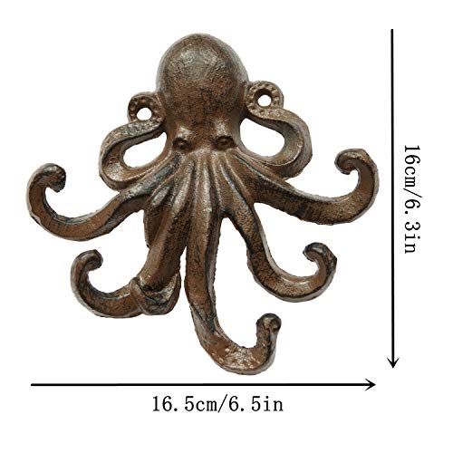Ymaiss Rustic Brown Cast Iron Octopus Hooks,Key Hooks,Sea Theme Hook,Coastal Hook,Antique Old Shabby Chic Cast Iron Hooks, Decorative Swimming Octopus Tentacles Key Hook Matching Screws Included #TOP1