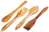 ✅ Ideal para regalar. Utensilios de cocina de madera de olivo. Cuchara, tenedor, espátula cuadrada y paleta redonda - Juego de 4 utensilios de cocina de madera de olivo (30cm)
