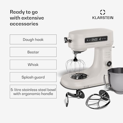 Klarstein Chiara Stand Mixer – 1600W, 5L Stainless Steel Bowl, 12 Speed Settings, LCD Touch Display, Quiet ≤72dB, Dishwasher Safe Patisserie Set, Die-Cast Aluminium Housing, Sand - Image 5