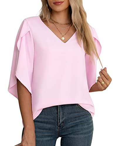 Jouica Women's Flower Autumn Comfy Elbow Sleeve Work Relaxed-Fit Blouses For Women Office,01Light Pink,X-Large #TOP2