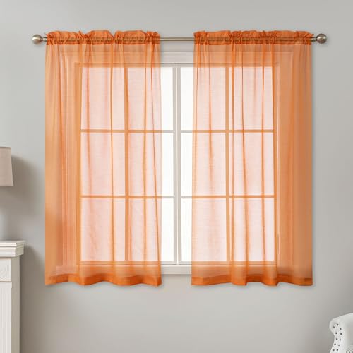 Image of Orange Sheer Curtains 54 Inch Length, Privacy Semi Sheer Curtains for Dining Room Kitchen, Light Filtering Rod Pocket Voile Window Drapes 2 Panels Set, Each 42 inch W x 54 inch L