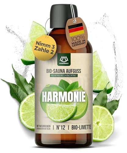 NORDHOLZ® Saunaaufguss BIO [NATURREINE ÄTHERISCHE BIO-ÖLE] Sauna Aufgussmittel #12 Harmonie 100ml Limette - Sauna Aufguss aus Franken - Saunaduft