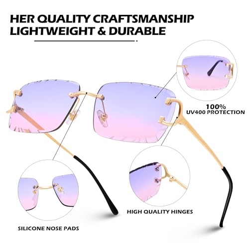 Image of Hycredi Rimless Rectangle Sunglasses for Men /Women- Frameless Square Trendy Shade - Diamond Cutting Eyewear