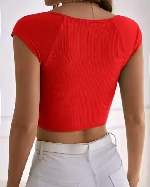 Image of Square Neck Sleeveless Unique Crop Top for Women - Lycra, Solid Design, Comfortable Fit, Stylish Summers