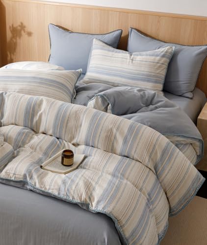 Image of VM VOUGEMARKET Blue White Stripes Duvet Cover King 100% Cotton Muslin Duvet Cover Embroidered Cozy Simple Modern Bedding Set for Men Women