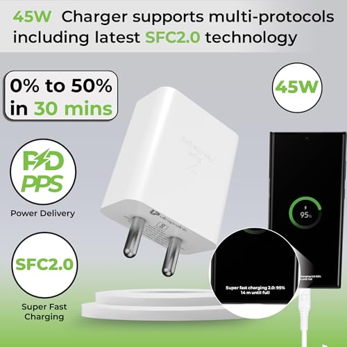 Image of ULTRAPROLINK 45W Super Fast Charger Adapter SFC 2.0|Compatible With Samsung Galaxy S25 /S24 /S23 /S22 /Ultra /Plus /Fe,Note 20 Series,Z Fold /Flip /S /A /F /M Series|Nothing & Pixel Phones|Type C PD 3.0,White