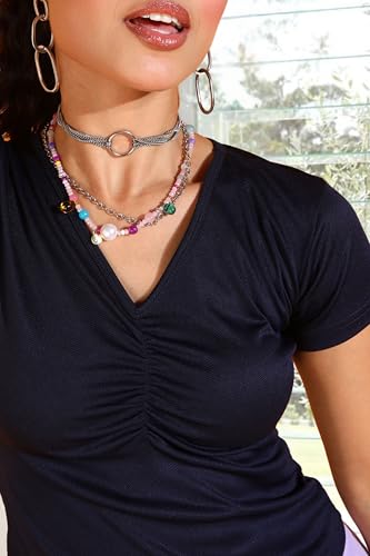 Image of POPWINGS Casual Solid V-Neck Short Sleeves Tops for Women || Stylish Western Summer Wear Top for Women || Trendy Women Tops for Regular Wear